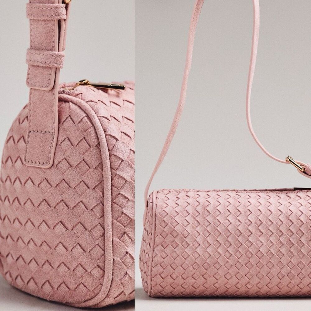 Anthropologie Woven Faux Suede Shoulder Bag Blush Pink Barrel Crossbody NWT - Picture 6 of 6